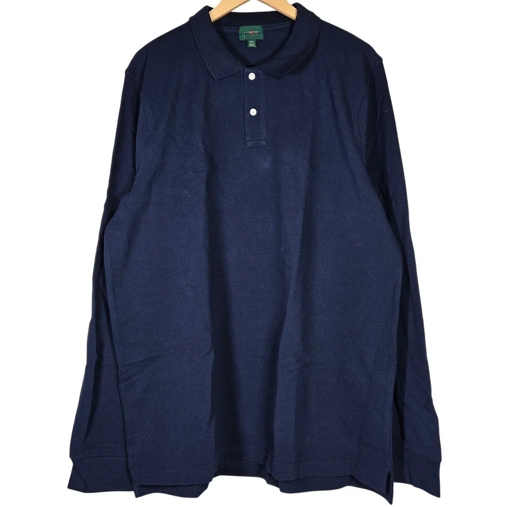 J Crew Mens Long Sleeve Polo Shirt Navy Blue XXL Tall Cotton Made in Vietnam